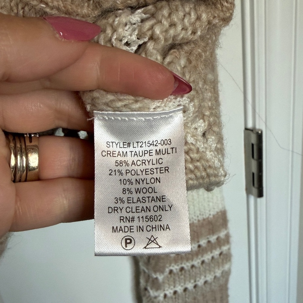 NWT Lush Tan Striped Crochet Knit Crew Neck Fuzzy Sweater - Cream Taupe Multi - Picture 5 of 6